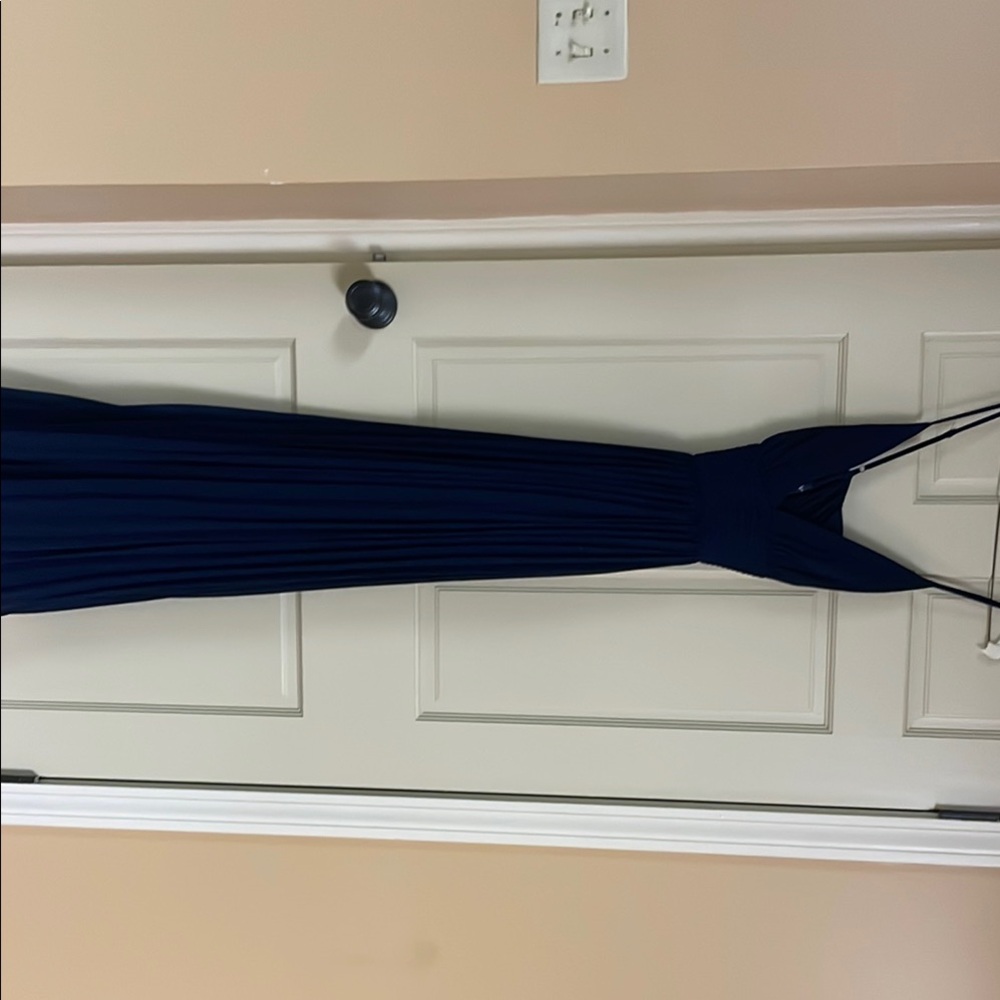 Lulu’s Elegant Navy Blue Maxi Dress cinched waist zippered back